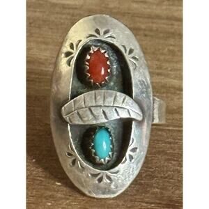 Vintage Navajo Native American Sterling Silver Coral & Turquoise Leaf Ring Sz 7
